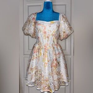 Altar'd State White Eyelet Dress with Pink and Yellow Floral Wash